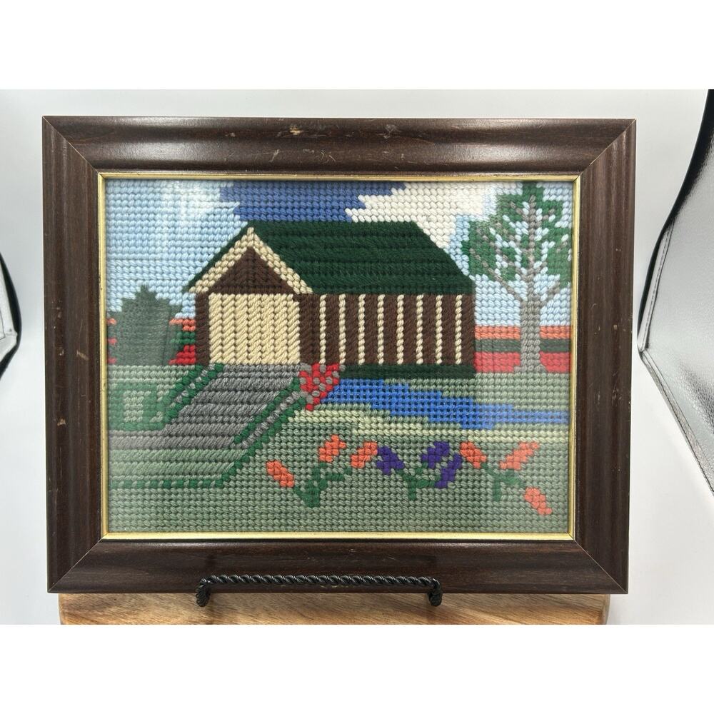 Vtg Needlepoint Cabin Landscape Wall Art Crewel Stitch 12x10 Wood Brass Frame